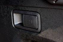Peugeot 3008 SUV (2016-) UK rhd GT-Line. Interior detail - lower rear seat lever