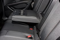 Peugeot 3008 SUV (2016-) UK rhd GT-Line. Interior detail - rear passenger seats with lowered armrest