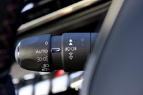 Peugeot 3008 SUV (2016-) UK rhd GT-Line. Interior detail - Lighting control stick l/h steering column