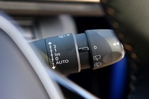 Peugeot 3008 SUV (2016-) UK rhd GT-Line. Interior detail - Wiper control stcik r/h side of steering column