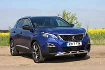 Peugeot 3008 SUV (2016-) UK rhd GT-Line in blue. Static exterior front three-quarters
