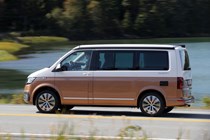 VW California review - 2019 T6.1 model, side view, driving, two-tone paint