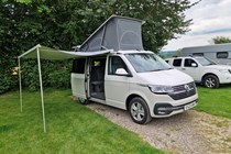 VW California T6 review - 6.1 front, roof up, awning out, camping, Bauer Media exclusive image