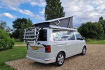 VW California T6 review - 6.1 rear, roof up, camping, Bauer Media exclusive image