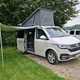 VW California T6 review - 6.1 front, roof up, awning out, camping, Bauer Media exclusive image