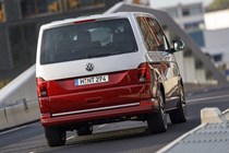 VW Caravelle review - T6.1 facelift, 2019, red and silver, rear view, driving