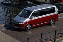 VW Caravelle review - T6.1 facelift, 2019, red and silver, top down view on bridge