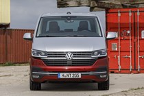 VW Caravelle review - T6.1 facelift, 2019, red and silver, dead-on front view