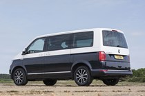 VW Caravelle T6 rear view, blue and white, Executive model, short-wheelbase