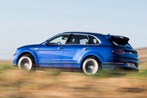 Bentley Bentayga (2021), side view, blue, driving