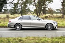 Mercedes-Benz E-Class review - E220d, silver, side view, driving