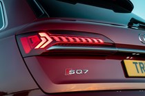 Audi SQ7 review (2022) - rear light detail shot, dusk lighting