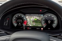 Audi SQ7 review (2022) - close-up of digital gauge cluster, showing speedometer, tachometer and map screen