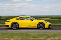 Porsche 911 review (992) - Carrera T, yellow, side, driving