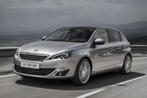 Peugeot 308 Hatchback (2014-) French lhd model in metallic silver. Driving/action