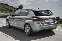 Peugeot 308 Hatchback (2014-) French lhd model in metallic silver. Driving/action rear three-quarters