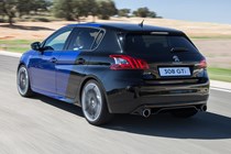 Peugeot 308 Hatchback (2014-) French lhd GTi model. Driving/action rear three-quarters