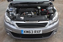 Peugeot 308 Hatchback (2014-) UK rhd model in silver. Engine bay