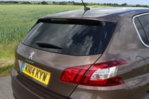 Peugeot 308 Hatchback (2014-) UK rhd model in metallic copper. Exterior detail - closed rear tailgate and rear light cluster