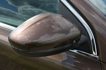 Peugeot 308 Hatchback (2014-) UK rhd model in metallic copper. Exterior detail - right-hand driver's wing mirror