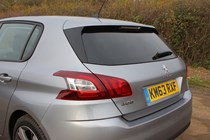 Peugeot 308 Hatchback (2014-) UK rhd model in metallic silver. Exterior detail - rear left quarter detail