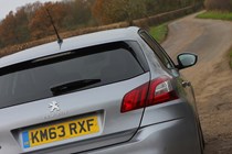 Peugeot 308 Hatchback (2014-) UK rhd model in metallic silver. Exterior detail - right hand panels from the rear