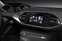 Peugeot 308 Hatchback (2014-) French lhd model in metallic copper. Interior detail, climate and air-conditioning controls