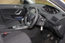 Peugeot 308 Hatchback (2014-) UK rhd model in metallic silver. Interior detail, driver's and passenger seat