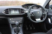 Peugeot 308 Hatchback (2014-) UK rhd model in metallic silver. Interior detail, front driver's and passenger seat