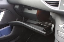 Peugeot 308 Hatchback (2014-) UK rhd model in metallic silver. Interior detail - glove compartment