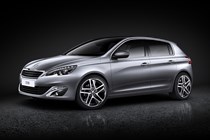 Peugeot 308 Hatchback (2014-) EU lhd model in metallic silver in the studio. Static exterior, front three-quarters