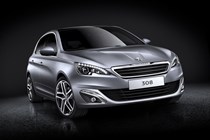 Peugeot 308 Hatchback (2014-) EU lhd model in metallic silver in the studio. Static exterior, front three-quarters
