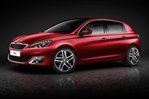 Peugeot 308 Hatchback (2014-) EU lhd model in red in the studio. Static exterior, front three-quarters