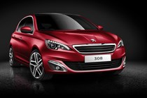 Peugeot 308 Hatchback (2014-) EU lhd model in red in the studio. Static exterior, front three-quarters