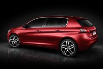 Peugeot 308 Hatchback (2014-) EU lhd model in red in the studio. Static exterior, rear three-quarters
