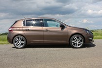 Peugeot 308 Hatchback (2014-) UK rhd model in metallic copper. Static exterior, side-on profile