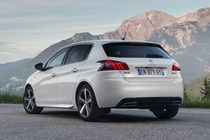Peugeot 308 Hatchback (2014-) French GT lhd model in white. Static exterior, rear three-quarters
