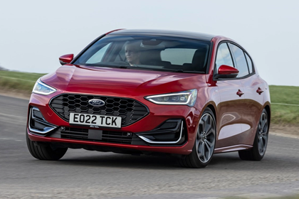 Red Ford Focus, hatchback, cornering, red exterior