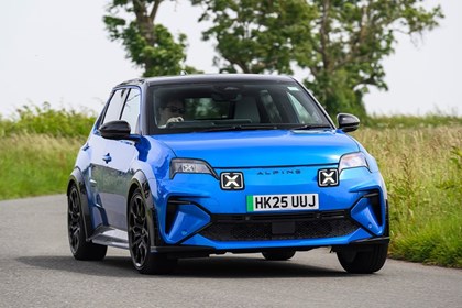 Best small premium cars: Alpine A290, front three quarter cornering, blue paint
