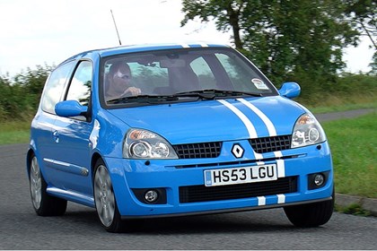 Best cheap fast cars: Renaultsport Clio 182, front three quarter cornering, blue paint