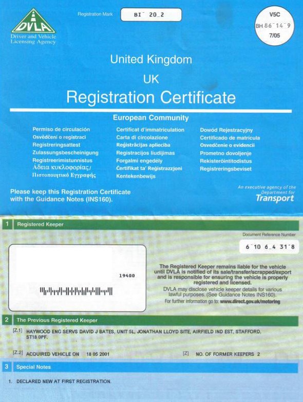 Registration certificate v5c Temporary V5C