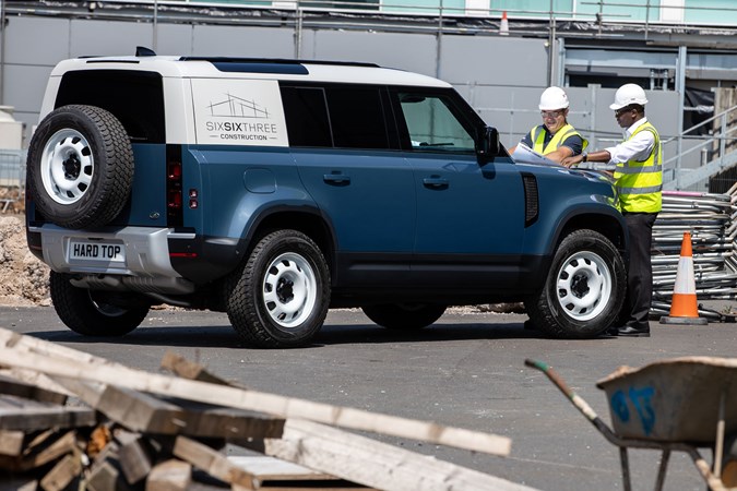 Land Rover Defender Hard Top commercial 4x4 2020 - rear view, 110, blue, construction site