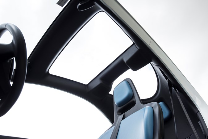 Blue and white 2018 Renault Twizy coupe plastic glazed roof
