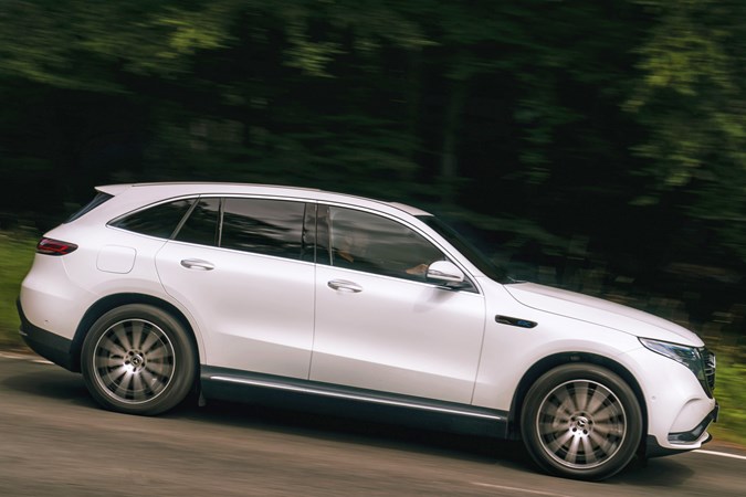 White 2019 Mercedes-Benz EQC side elevation driving
