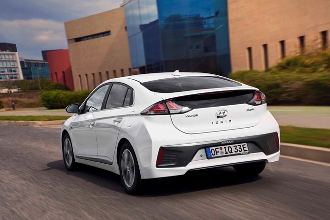 2019 Hyundai Ioniq driving white rear three quarters