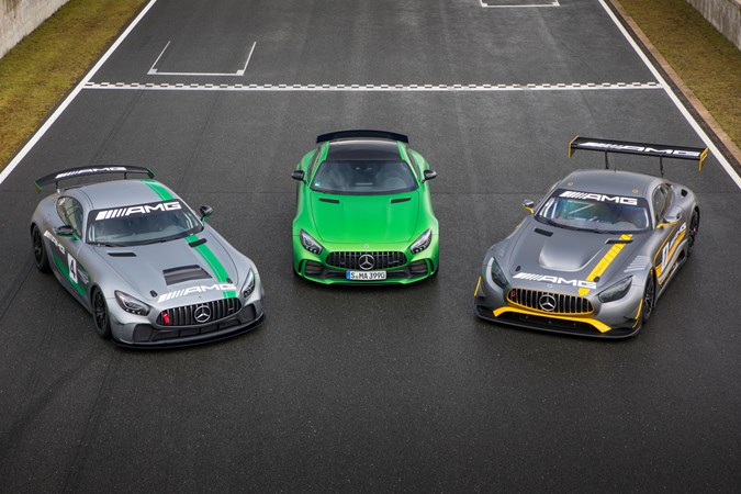 The Mercedes-AMG GT R is billed a racing car for the road - here it is with its GT3 and GT4 racing car siblings