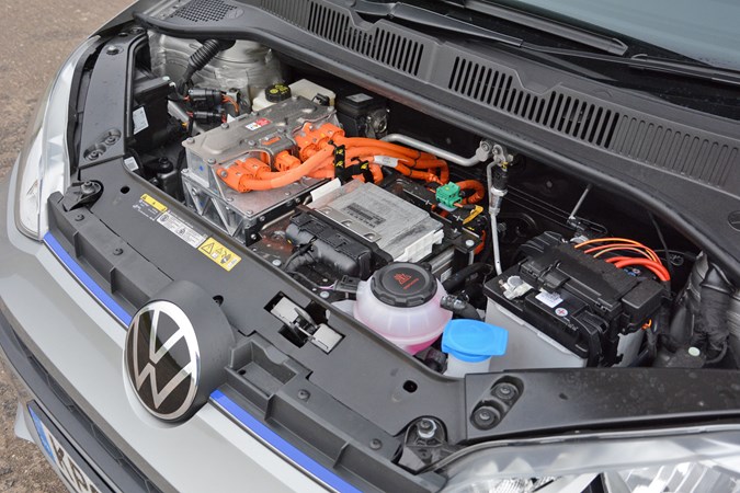 Silver 2020 Volkswagen e-Up under-bonnet view of electric motor