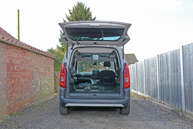 Soft sand 2019 Citroen Berlingo Flair XTR rear elevation - tailgate open with rear seats and passenger seat fully folded