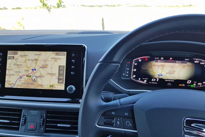 SEAT Tarraco long-term test review - infotainment screen and digital instruments both showing sat-nav map