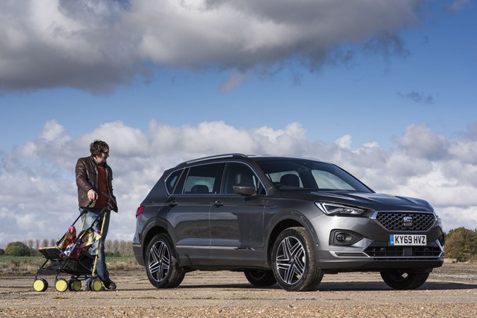 SEAT Tarraco long-term test review - front view, grey, with CJ and pushchair